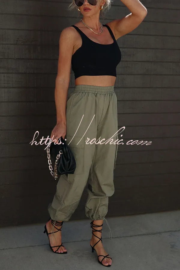 Let��s Rewind Nylon Elastic Waist Pocketed Cargo Pants