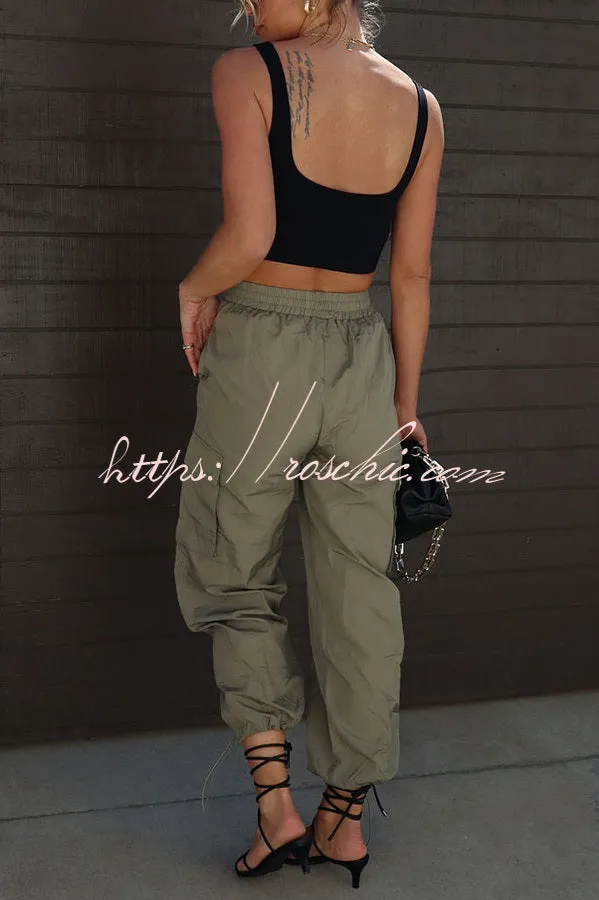 Let��s Rewind Nylon Elastic Waist Pocketed Cargo Pants