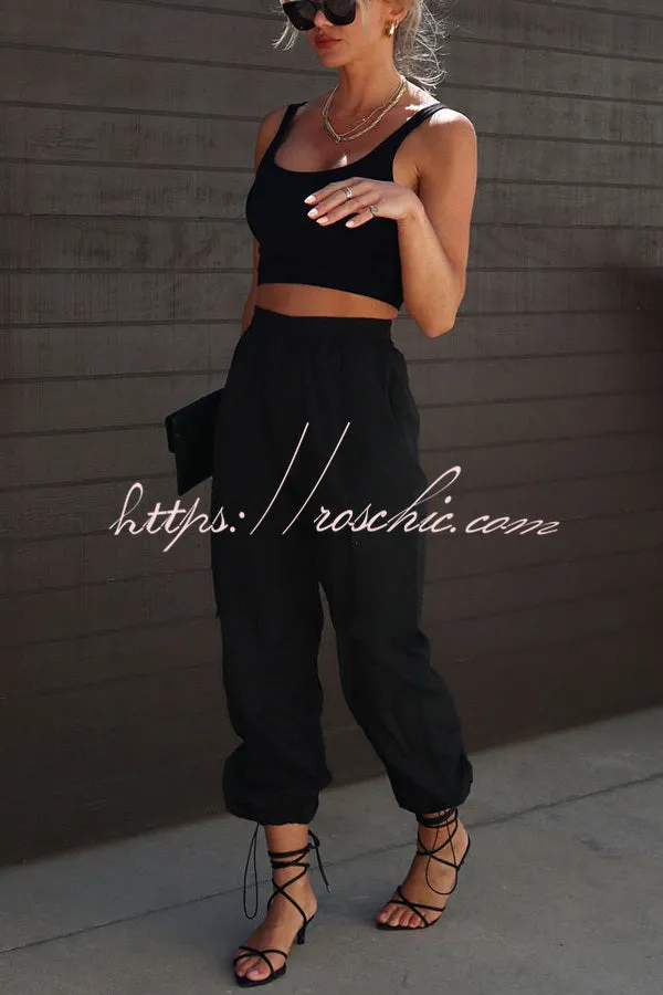 Let��s Rewind Nylon Elastic Waist Pocketed Cargo Pants