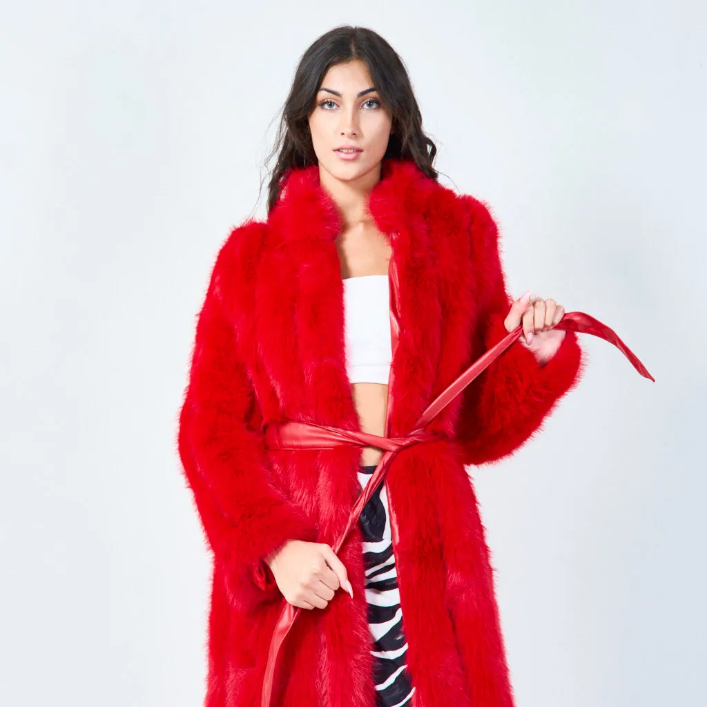 Long faux fur coat with waist tie wholesale