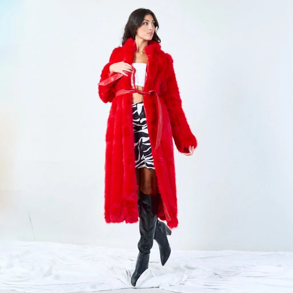 Long faux fur coat with waist tie wholesale