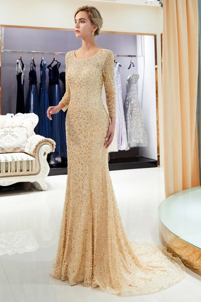 Long Sleeves Floor Length Sequins Formal Party Dresses