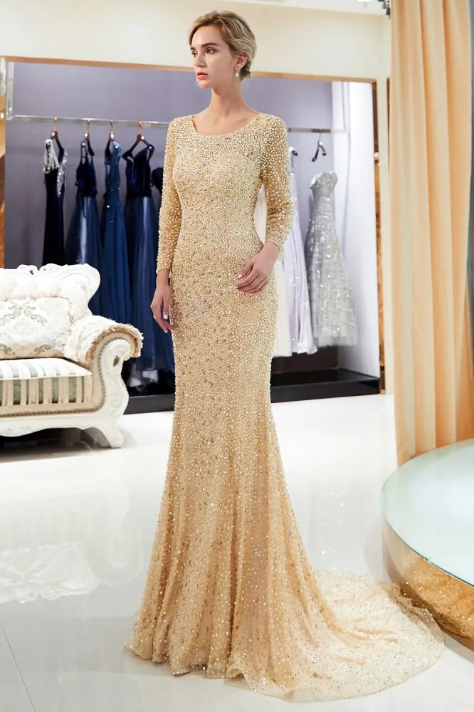 Long Sleeves Floor Length Sequins Formal Party Dresses