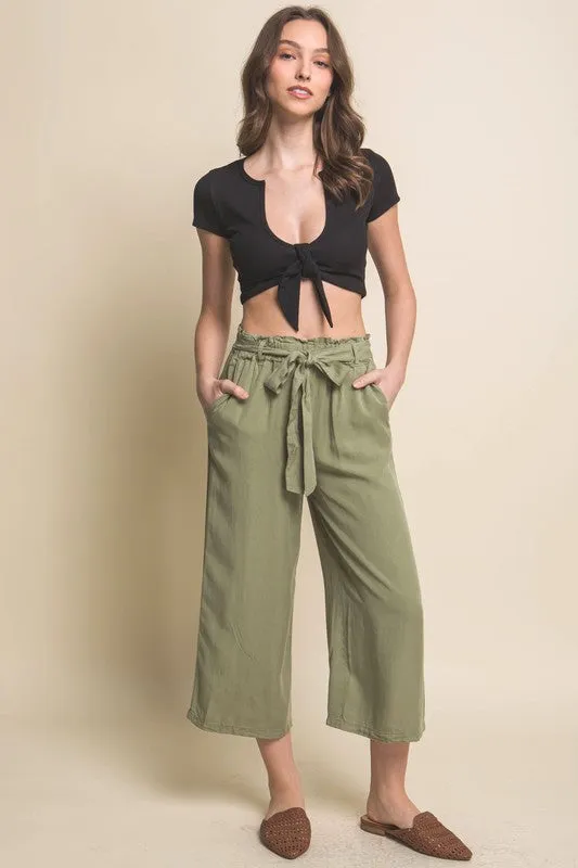 Lt.Olive High Rise Tie Waist Tencel Paperbag Pants