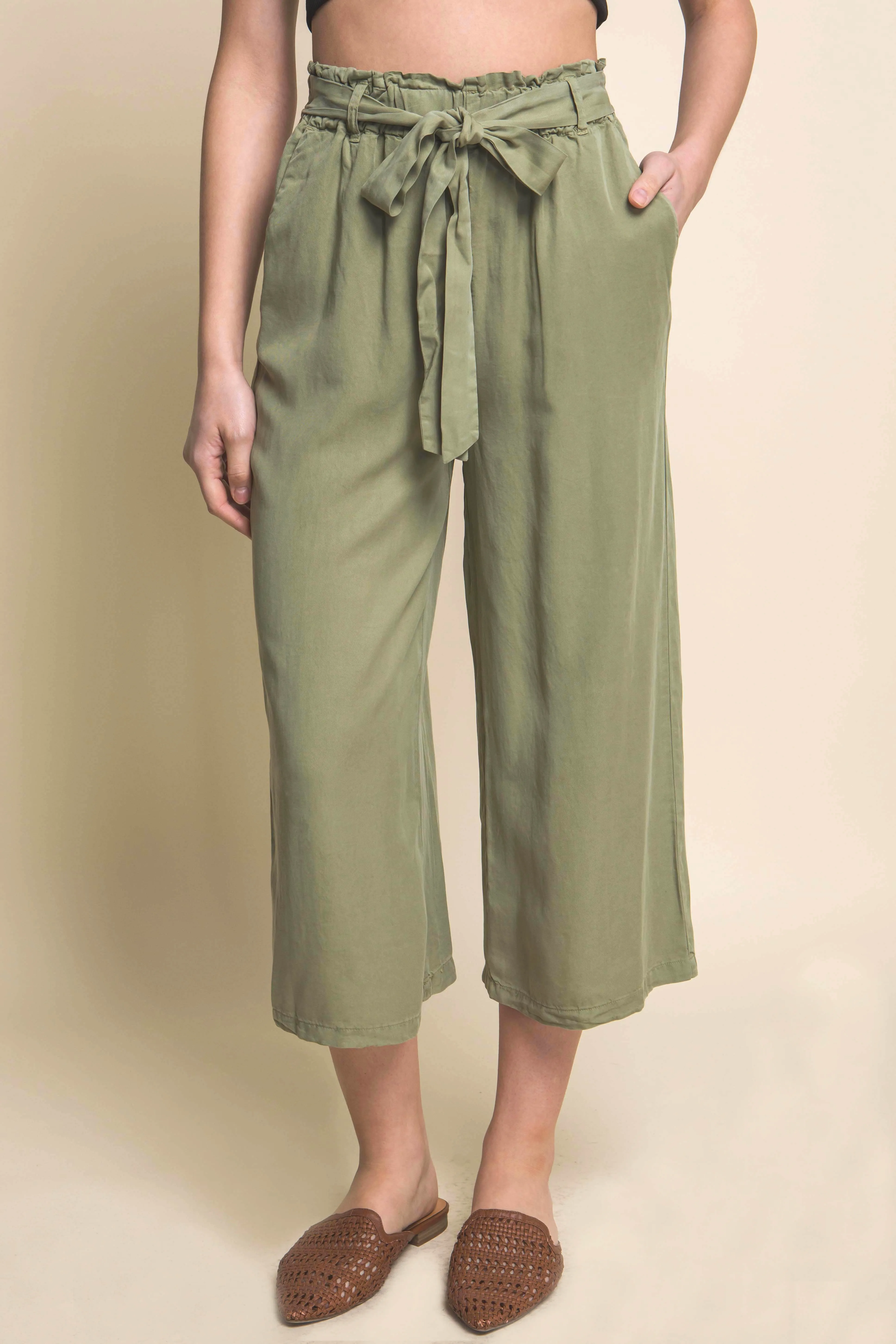 Lt.Olive High Rise Tie Waist Tencel Paperbag Pants