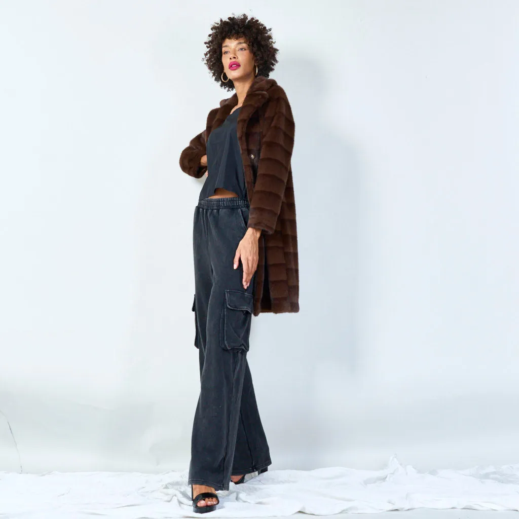 Luxurious striped faux fur coat with wide lapel wholesale