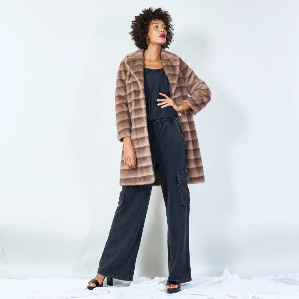 Luxurious striped faux fur coat with wide lapel wholesale