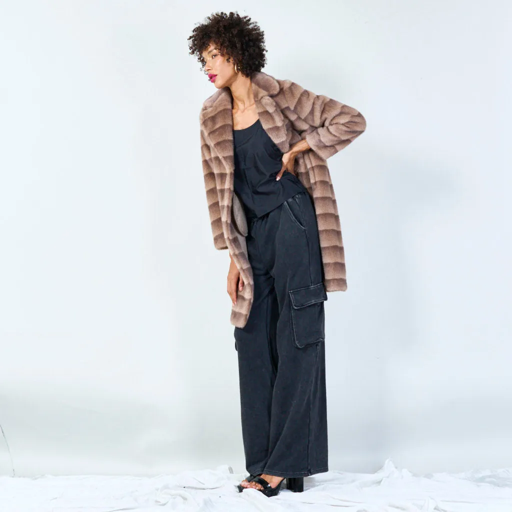 Luxurious striped faux fur coat with wide lapel wholesale