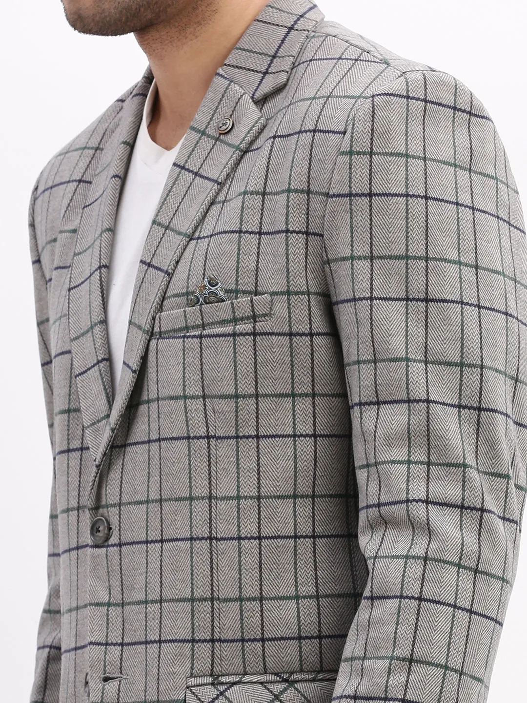 Men Checked Grey Single Breasted Blazer