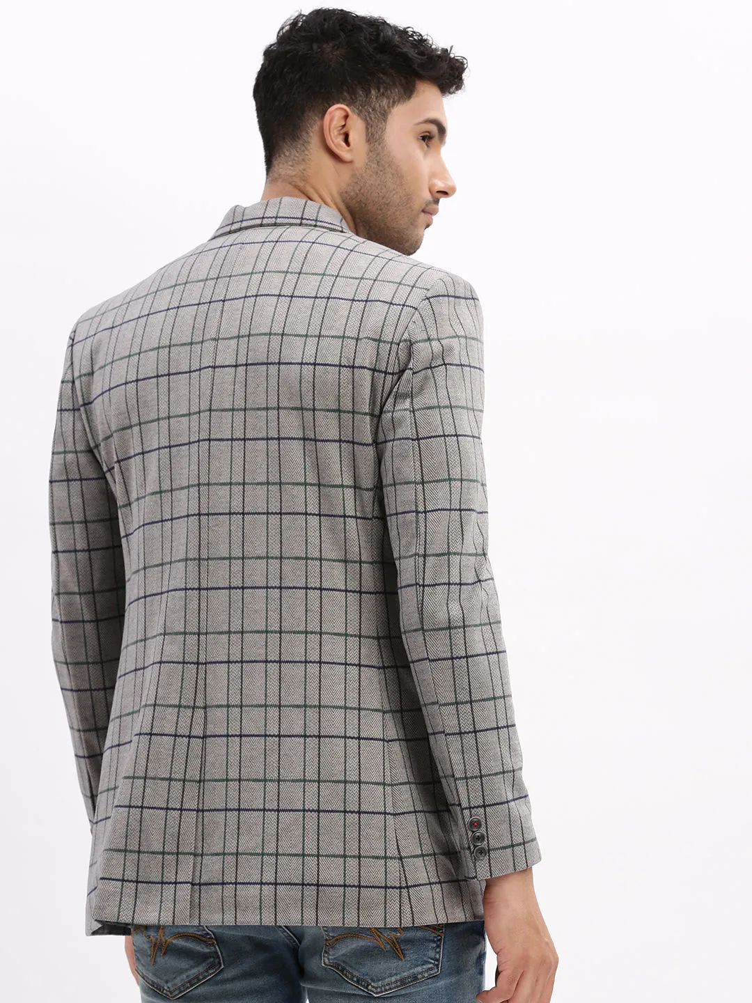 Men Checked Grey Single Breasted Blazer