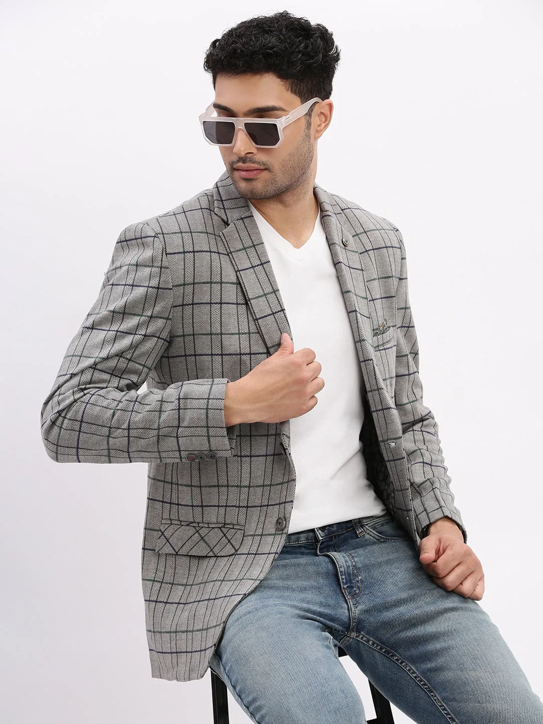 Men Checked Grey Single Breasted Blazer