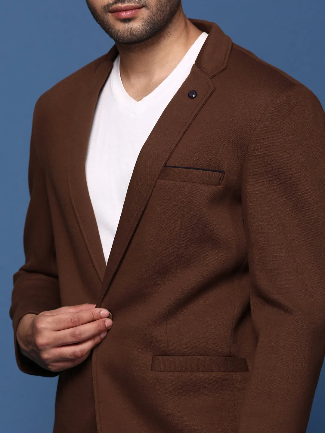 Men Coffee Brown Slim Fit Single Breasted Blazer