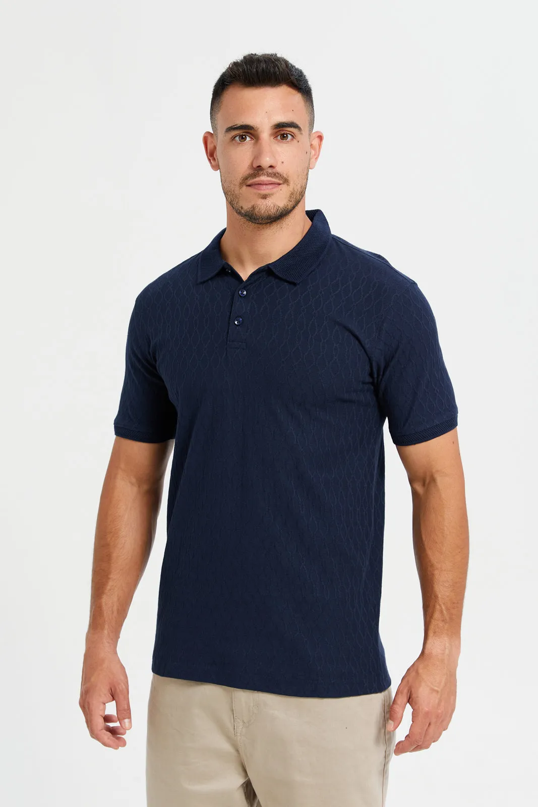 Men Navy Jacquard Polo T-Shirt