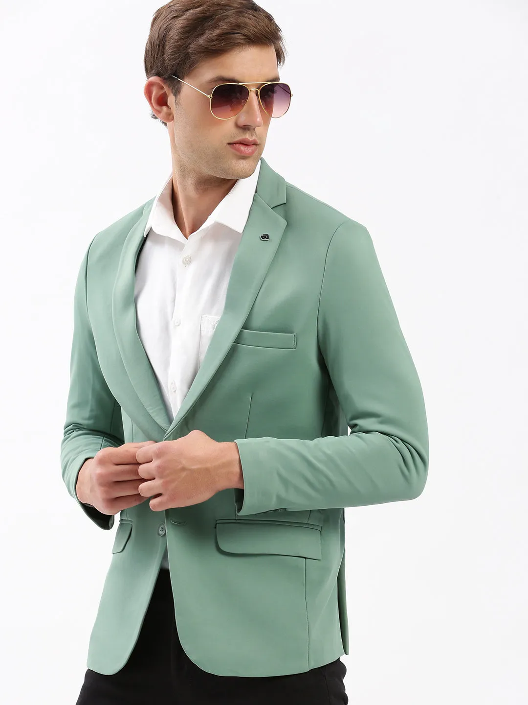 Men Notched Lapel Solid Sea Green Blazer