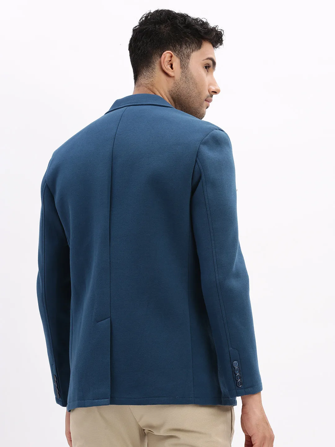 Men Solid Teal Single Breasted Blazer