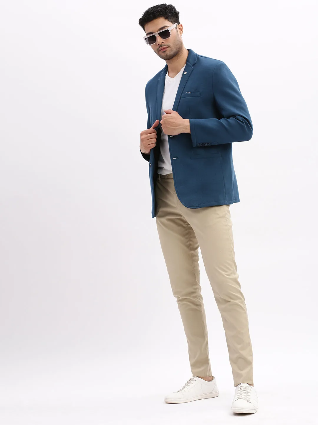 Men Solid Teal Single Breasted Blazer