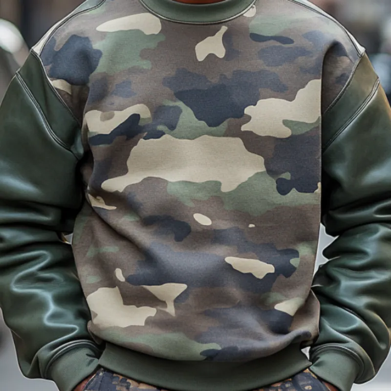 Men's Outdoor Casual Camouflage Patchwork Round Neck Sweatshirt 00925555F