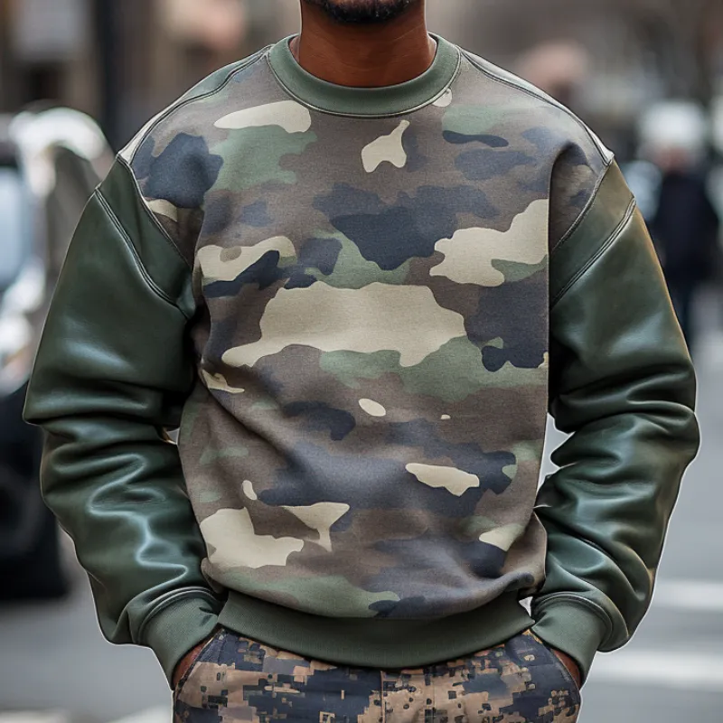 Men's Outdoor Casual Camouflage Patchwork Round Neck Sweatshirt 00925555F