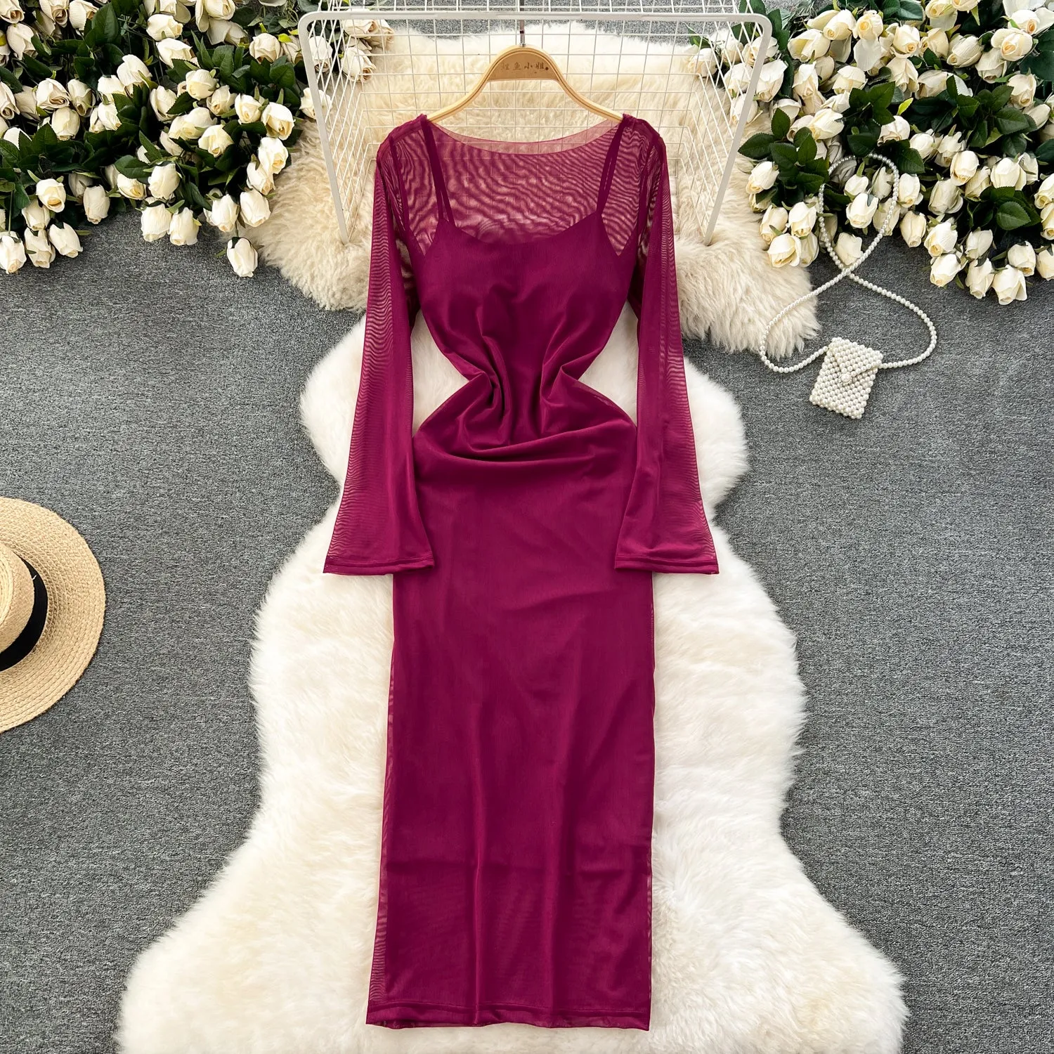 Mesh Dress&Slip Dress Elegant 2Pcs