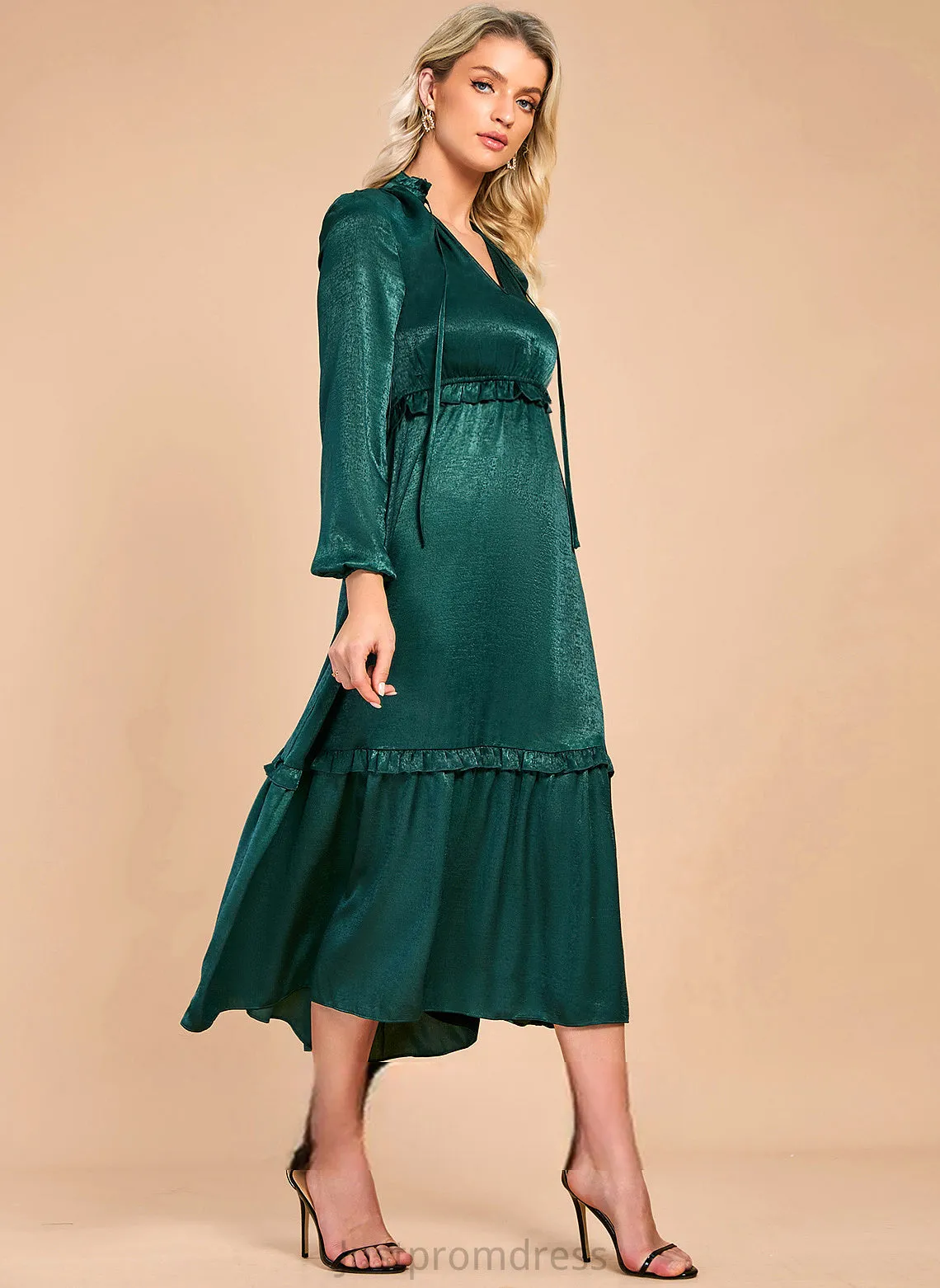 Midi A-line Club Dresses Elegant Satin Long V-Neck Sleeves Dresses Imani