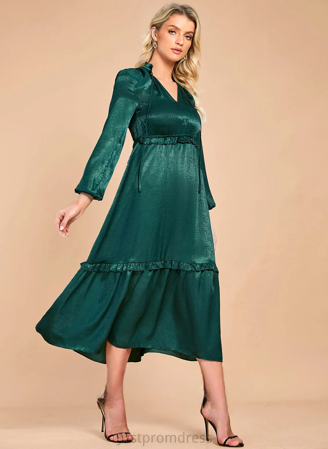 Midi A-line Club Dresses Elegant Satin Long V-Neck Sleeves Dresses Imani