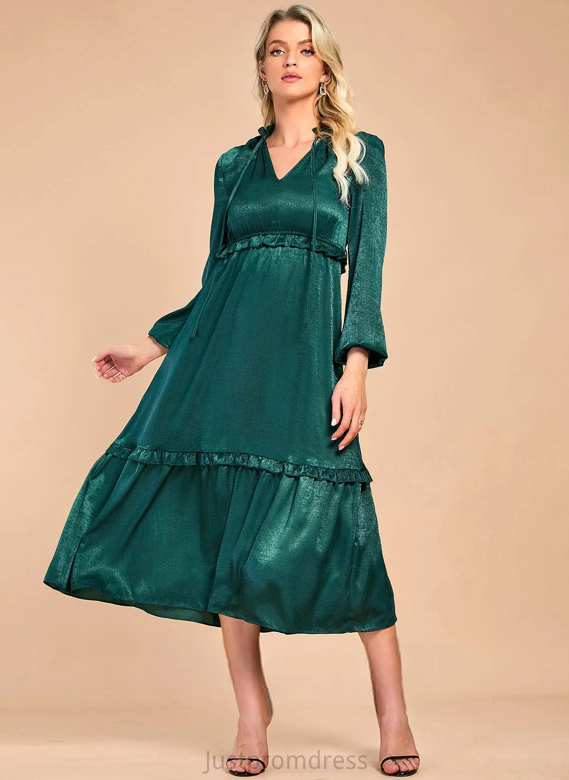 Midi A-line Club Dresses Elegant Satin Long V-Neck Sleeves Dresses Imani