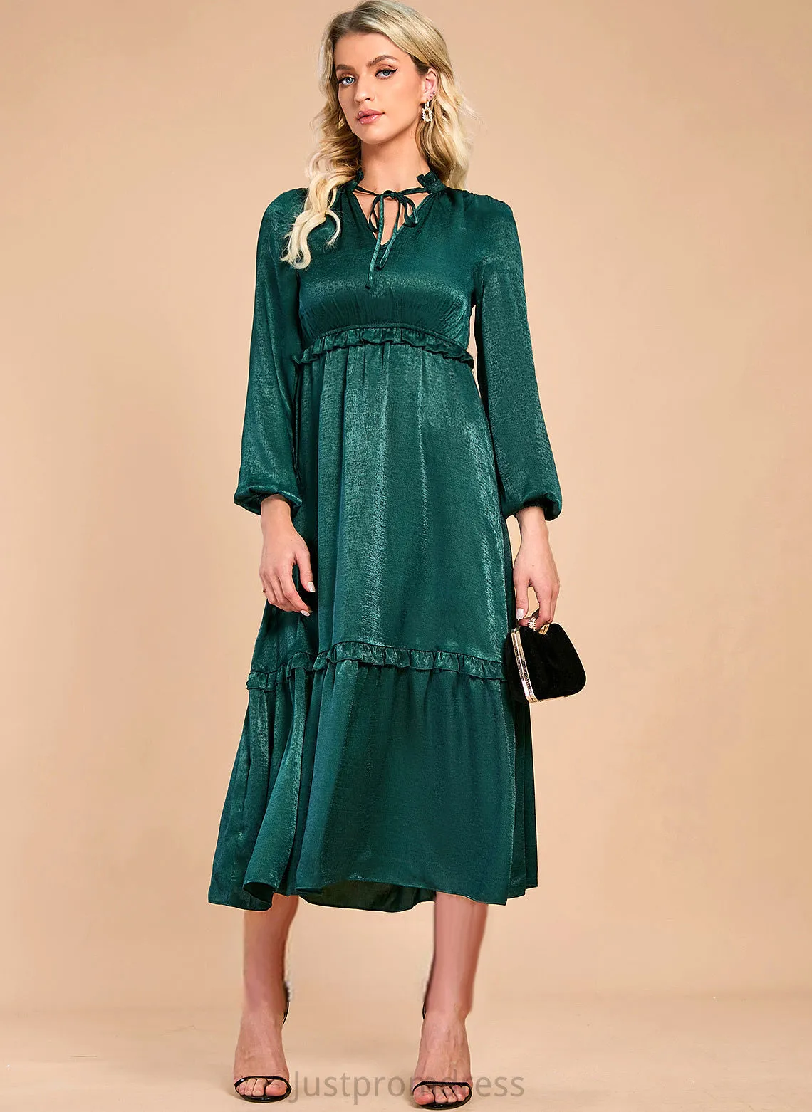 Midi A-line Club Dresses Elegant Satin Long V-Neck Sleeves Dresses Imani