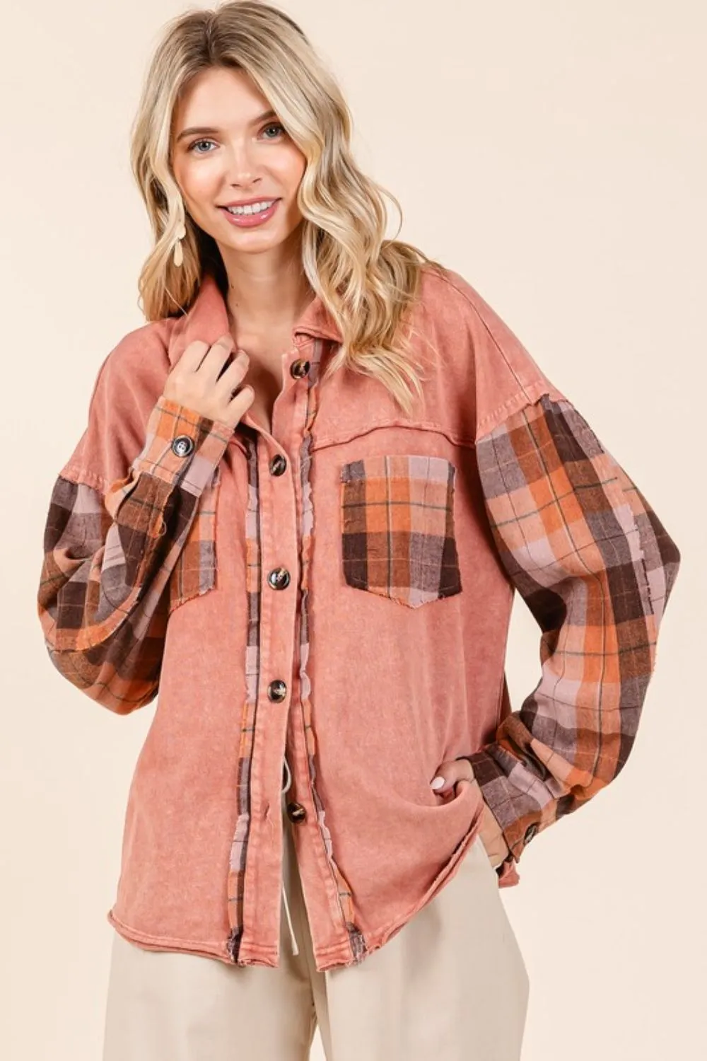 Mittoshop Button Down Contrast Plaid Patchwork Shacket