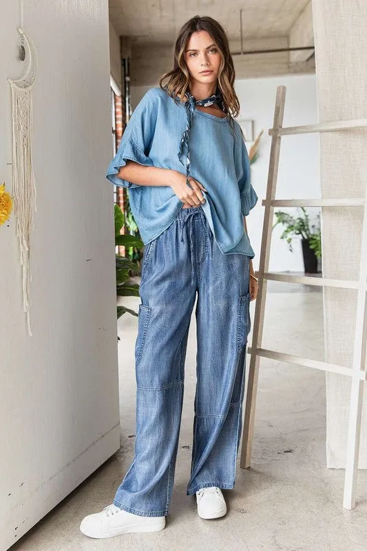 Mittoshop Washed Elastic Waist Cargo Wide Leg Pants