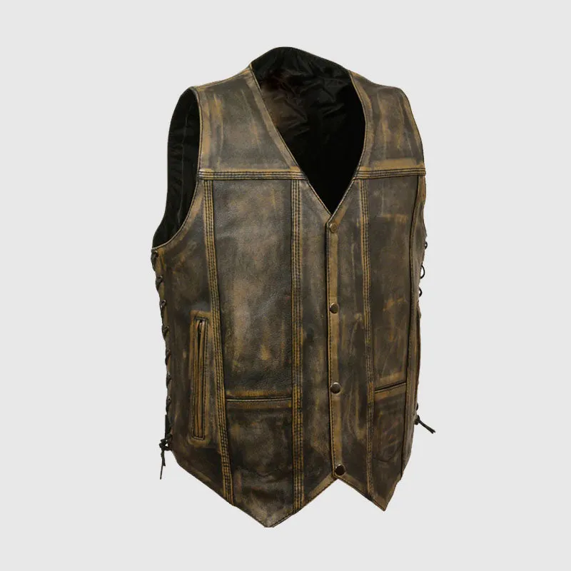 Motorbike Brown Distressed 10 Pockets Leather Vest For Sale