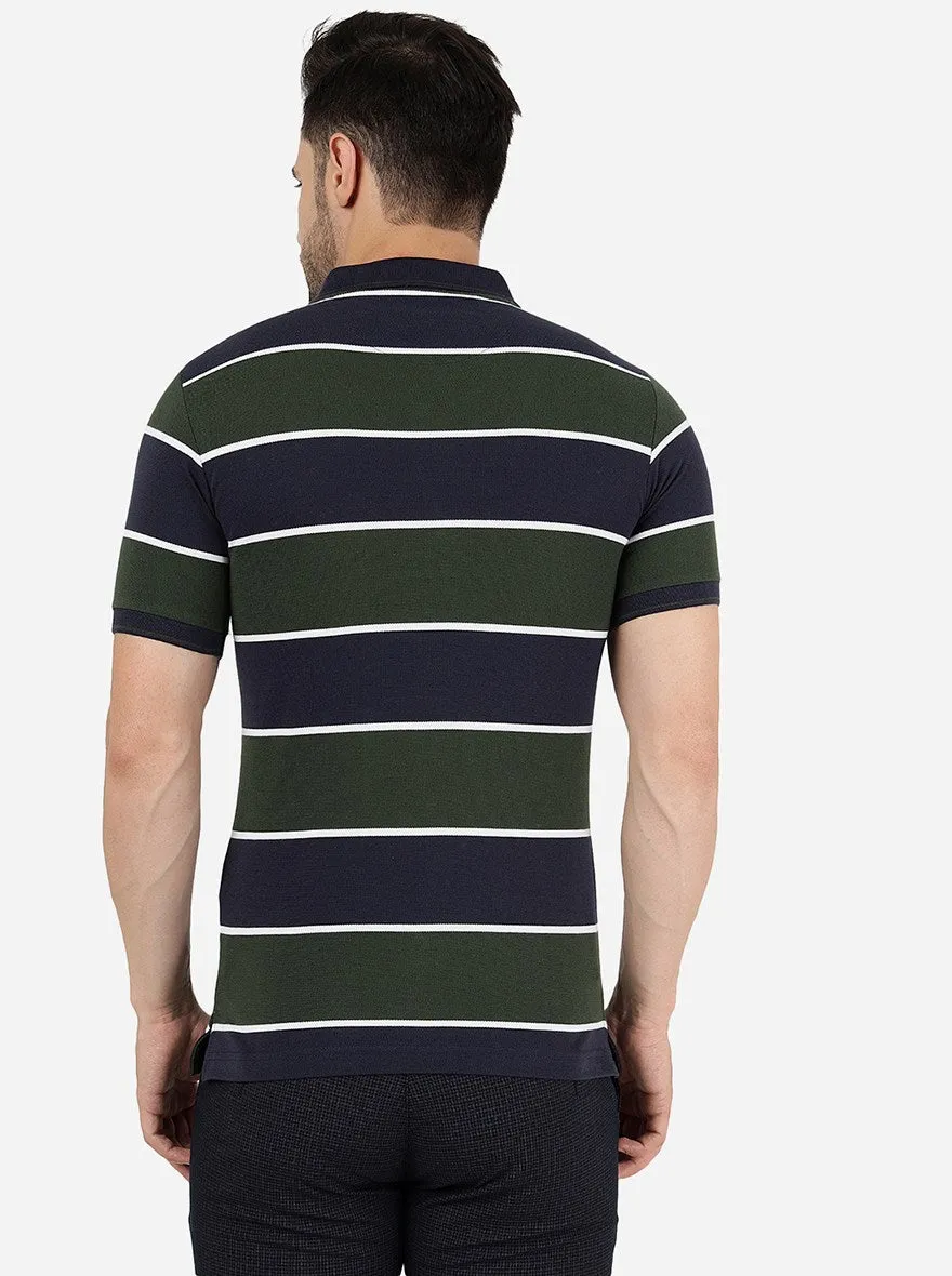 Navy Blue & Olive Striped Slim Fit Polo T-Shirt | Greenfibre