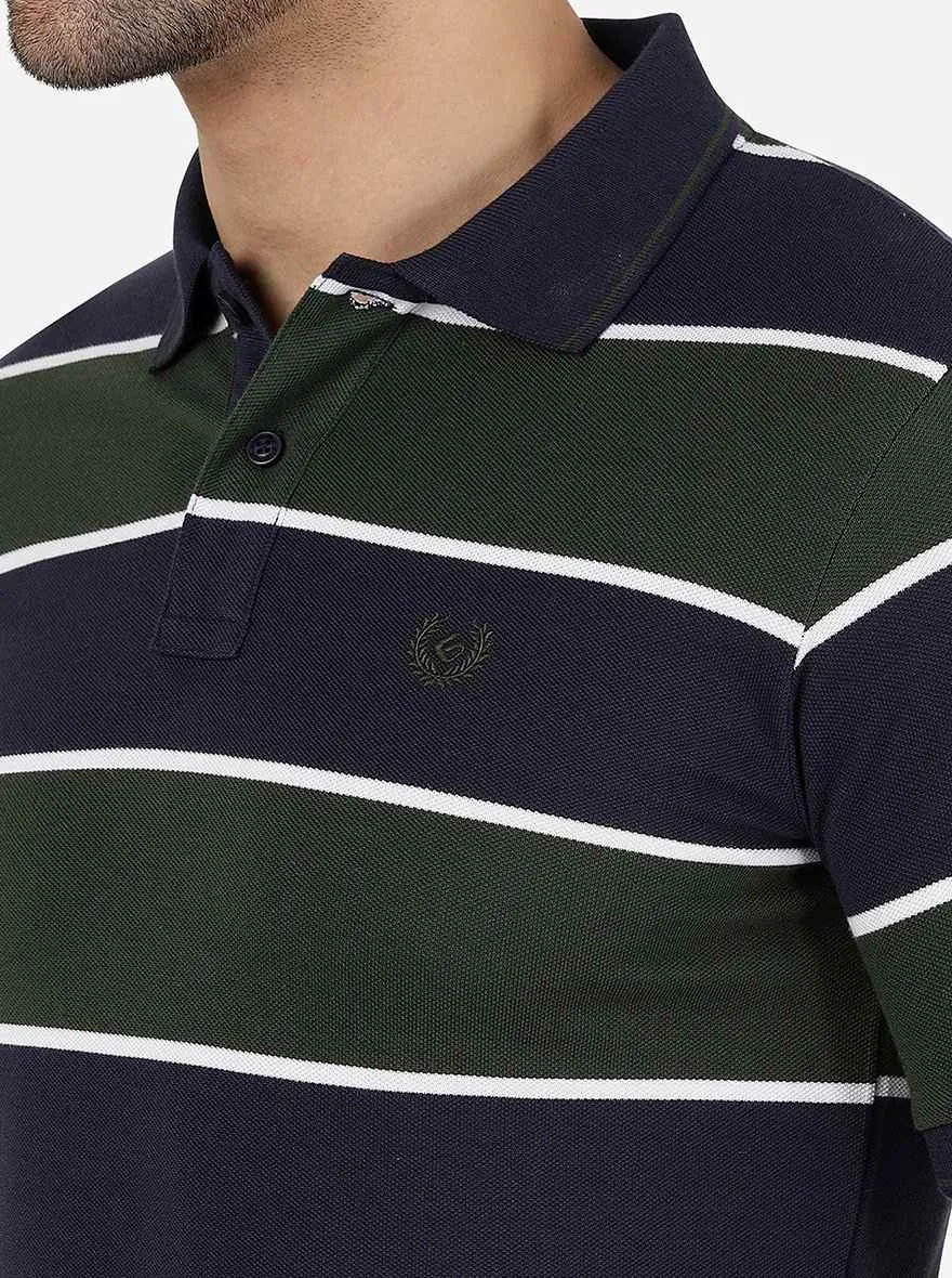 Navy Blue & Olive Striped Slim Fit Polo T-Shirt | Greenfibre