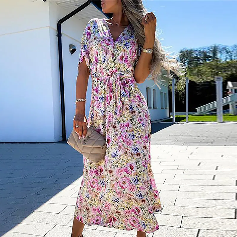 New Spring And Summer Women V-neck Drawstring Waist Floral Swing Dress SD090028