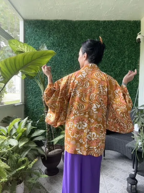 Original Kimono Vest Japanese Floral Orange pattern Women Traditional Robe