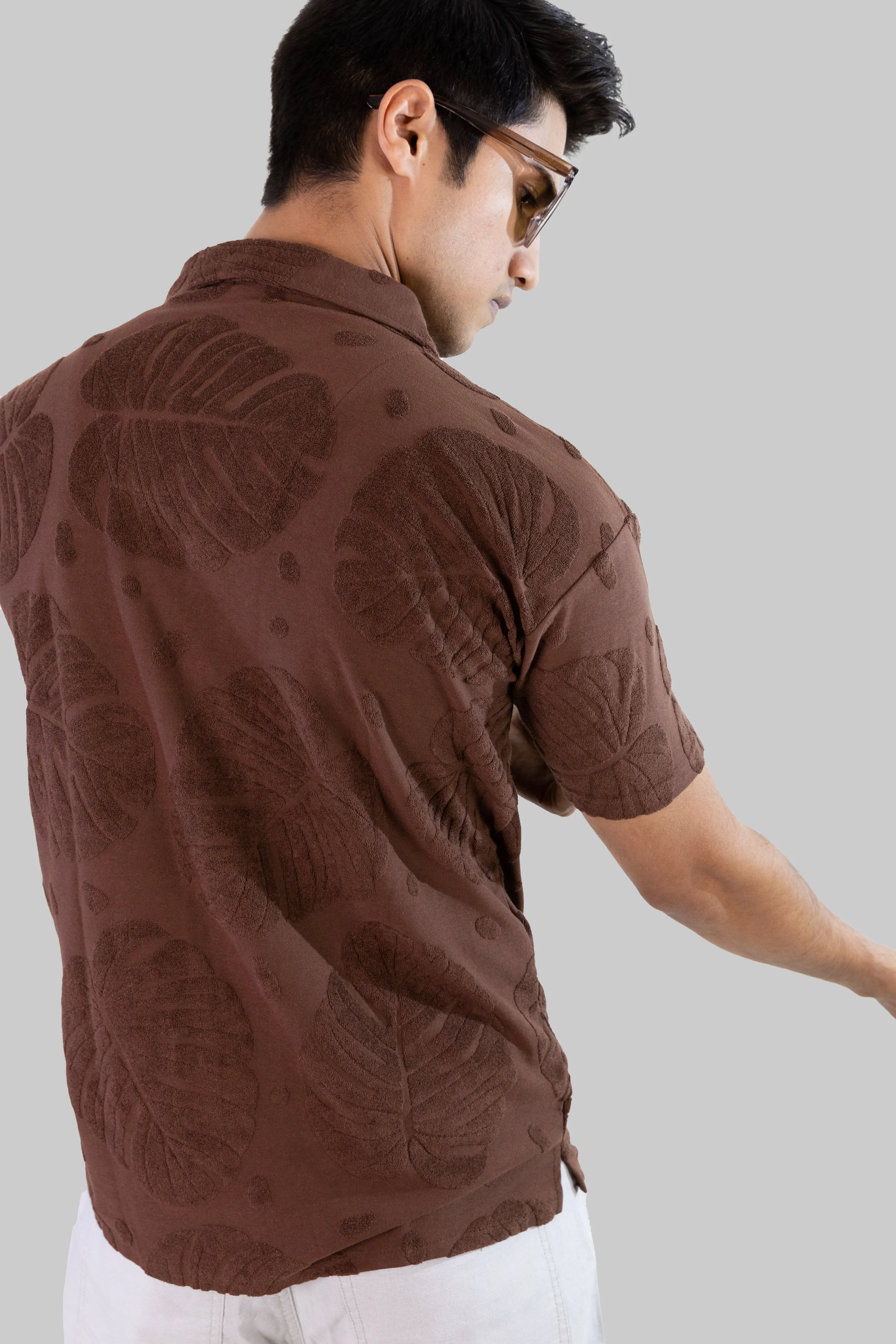 Palm Haven Cuban Collar Shirt - Brown