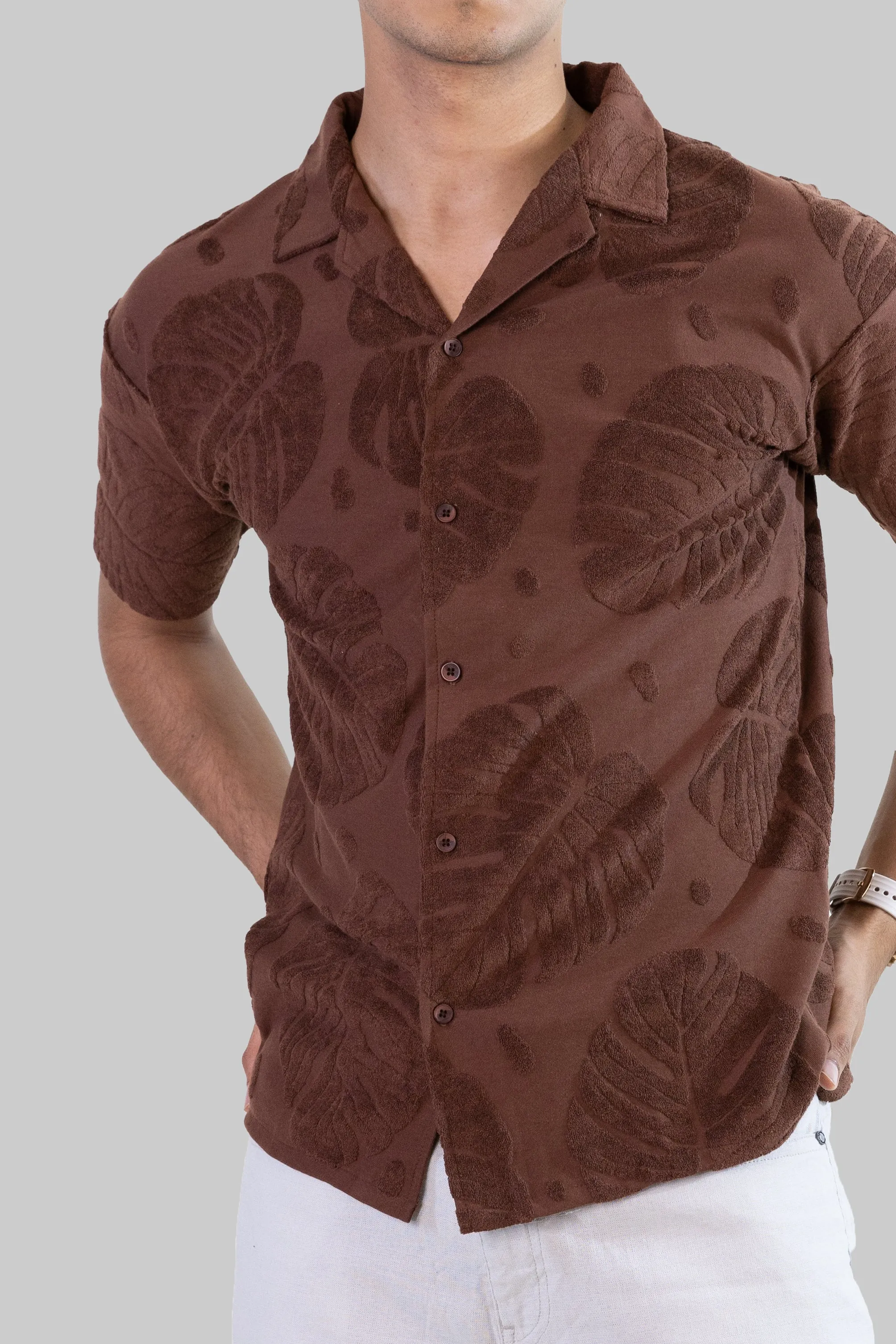 Palm Haven Cuban Collar Shirt - Brown