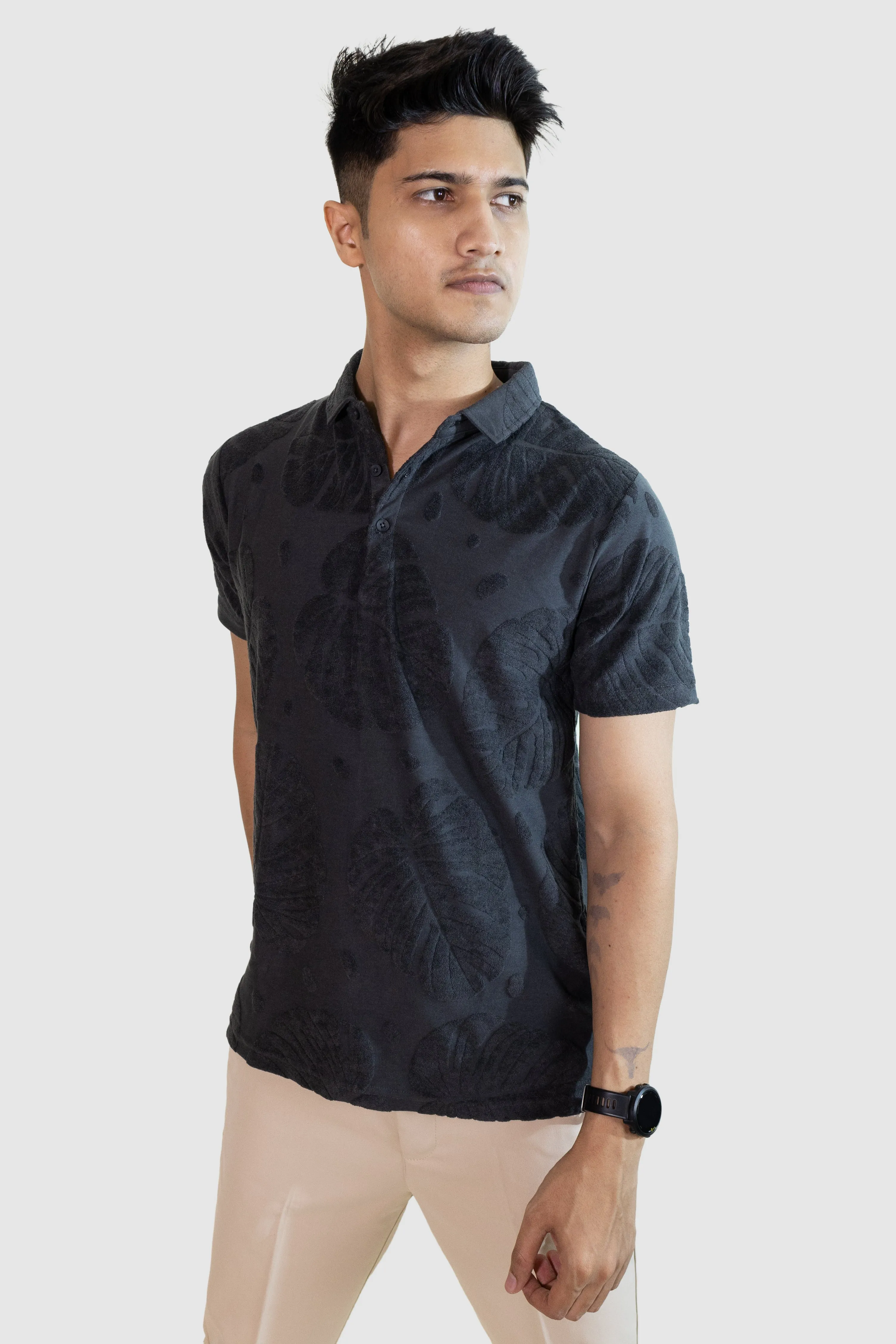 Palm Haven Polo T-Shirt: Dark Gray