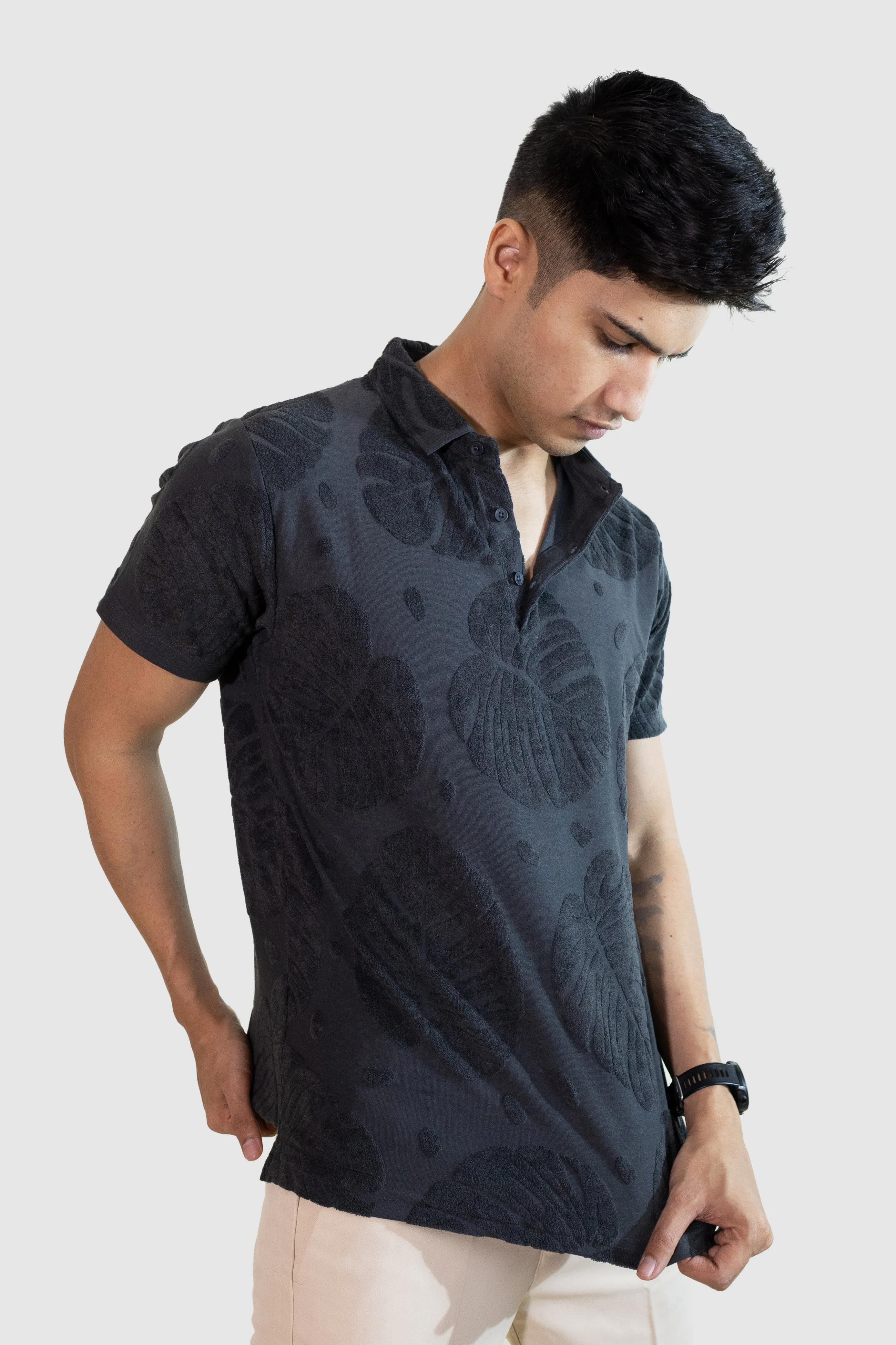 Palm Haven Polo T-Shirt: Dark Gray