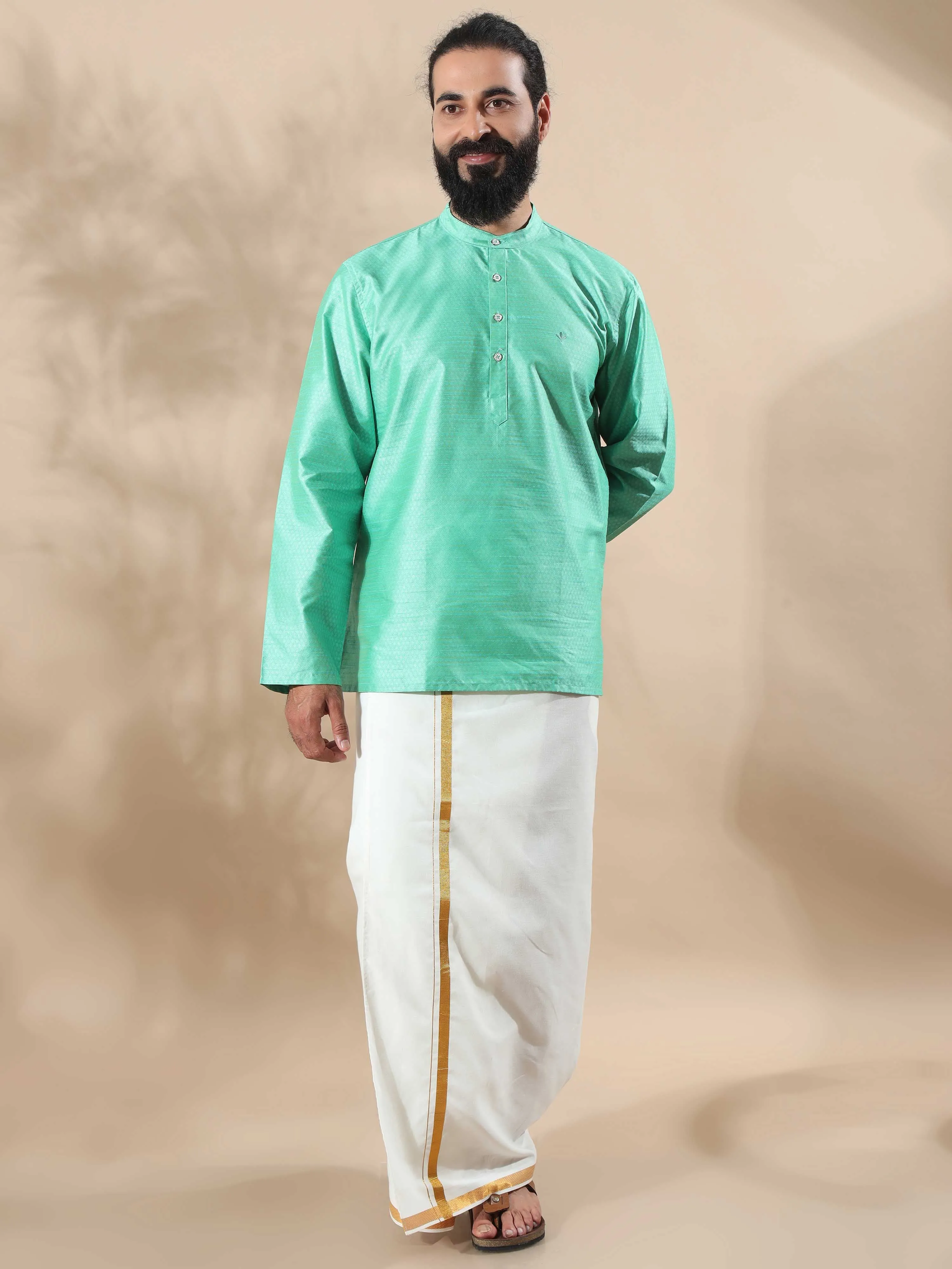 Parrot Green Banarasi Dobby Short Kurta