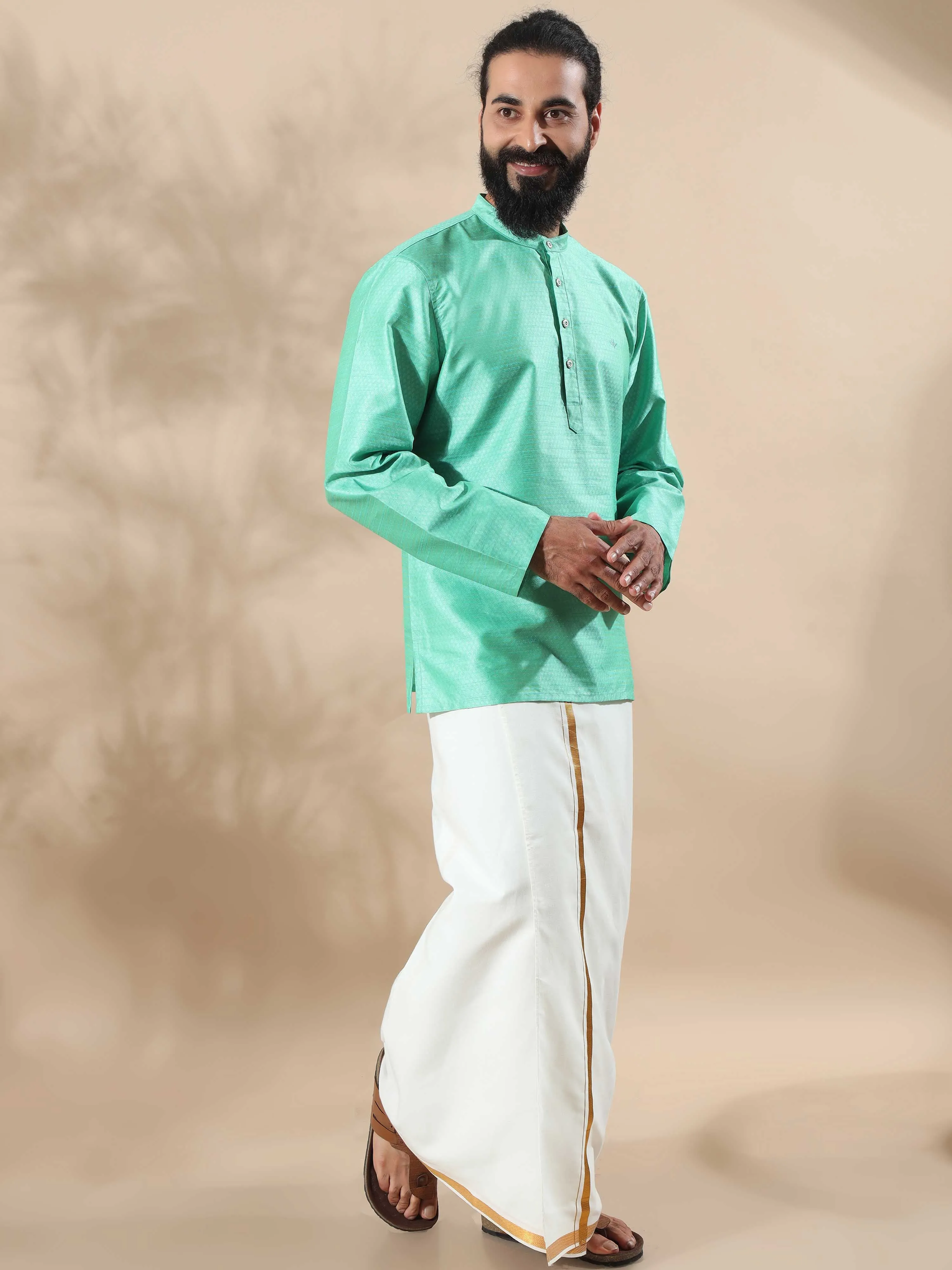 Parrot Green Banarasi Dobby Short Kurta