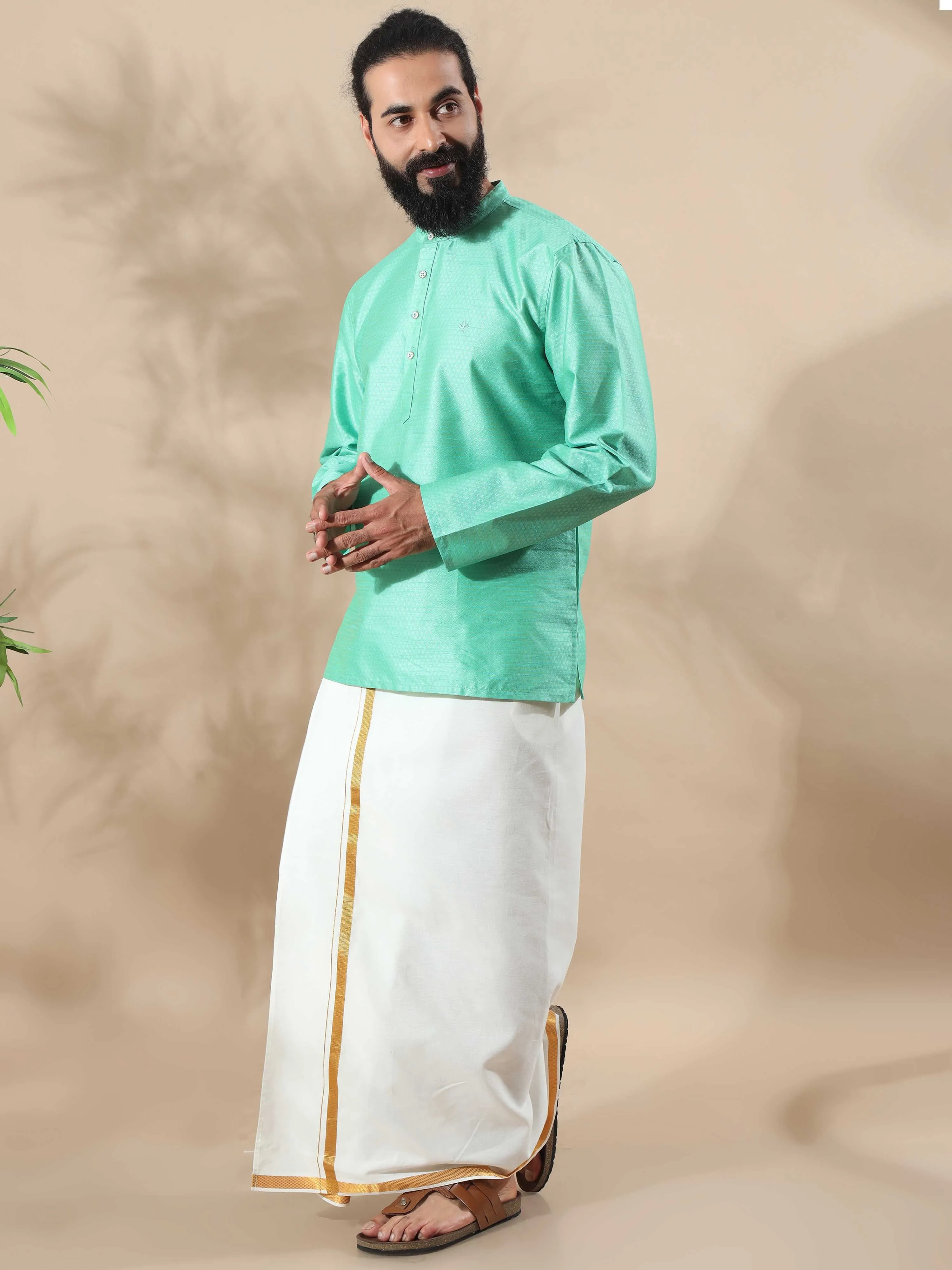 Parrot Green Banarasi Dobby Short Kurta