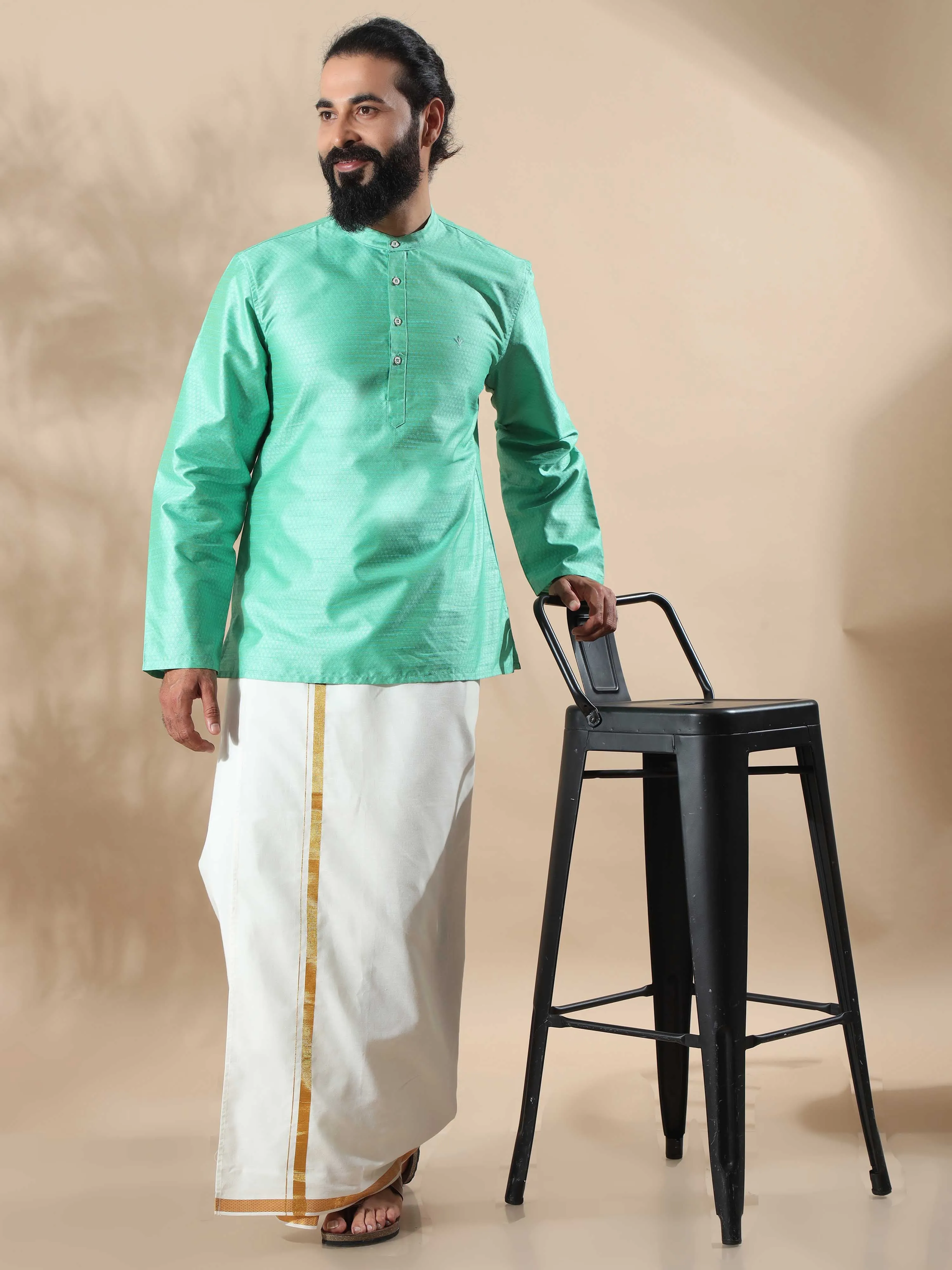 Parrot Green Banarasi Dobby Short Kurta