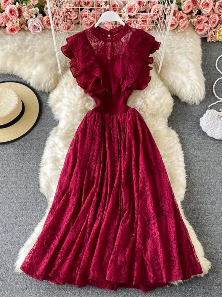 Party Dresses 2023 New Fashion Round Neck Lace Dress Long Sleeve Elegant Long Dress Formal Occasion Dresses Woman Clothing Robe