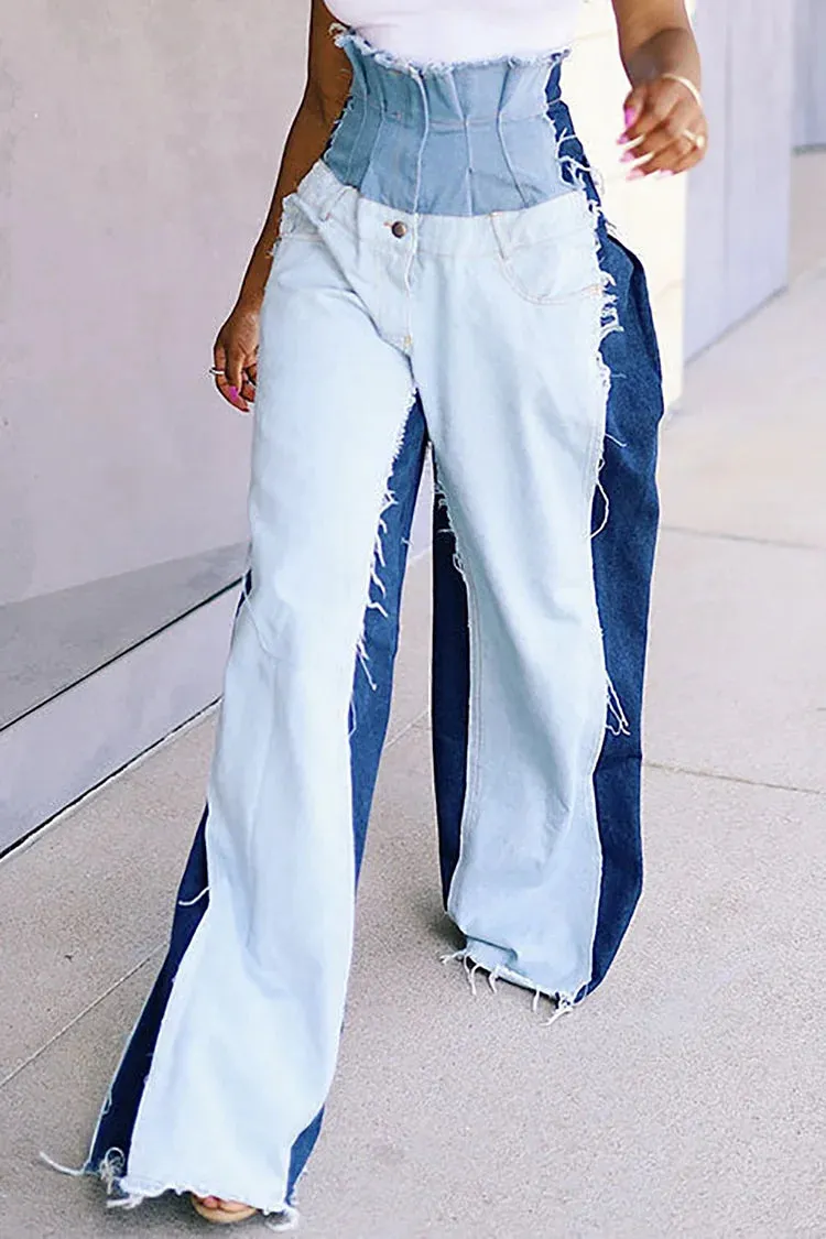 Plus Size Daily Patchwork High Waist Unique Wide Leg Jeans