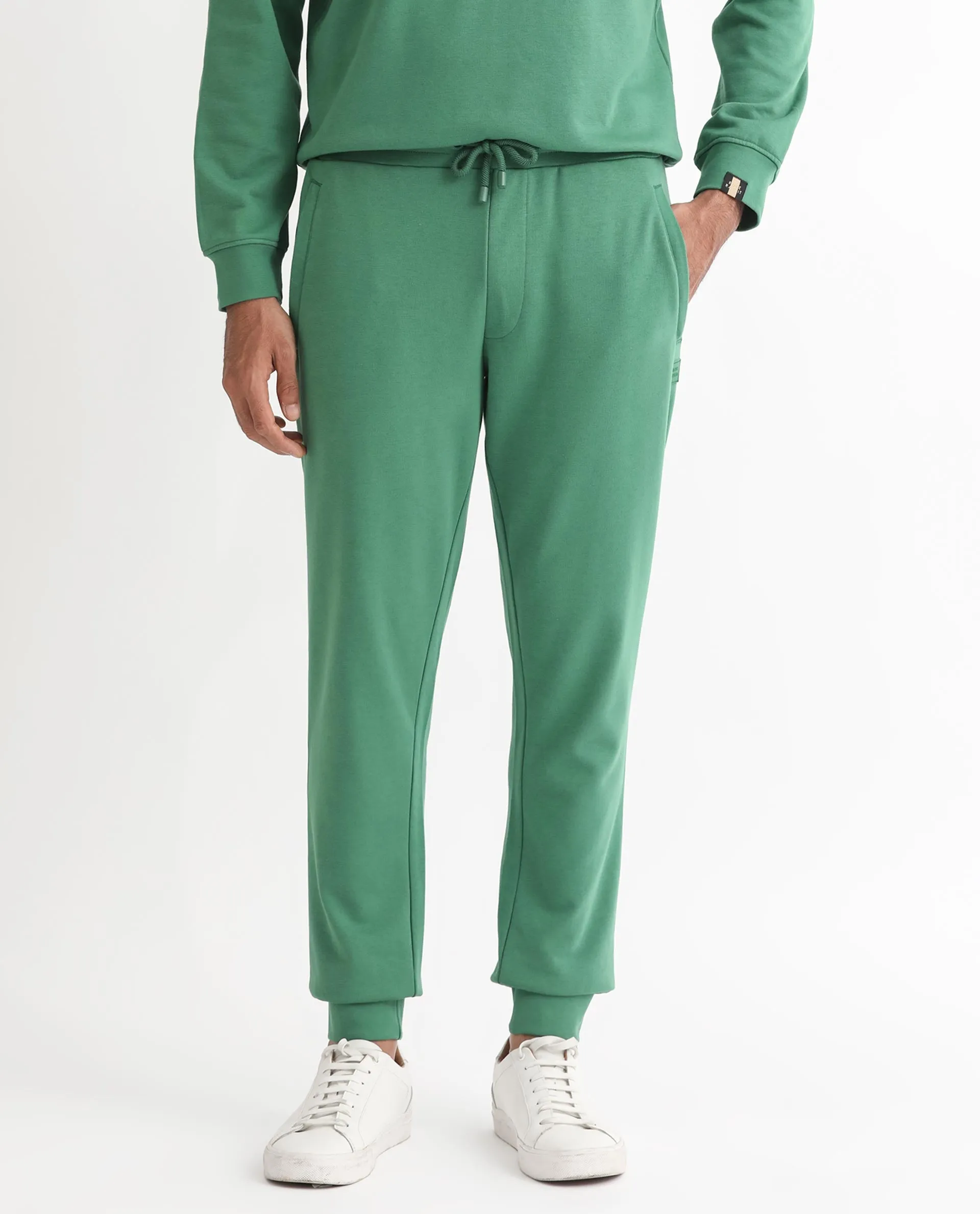 Rare Rabbit Men's Otari Green Cotton Polyester Fabric Drawstring Closure Regular Fit Mid Rise Trackpant