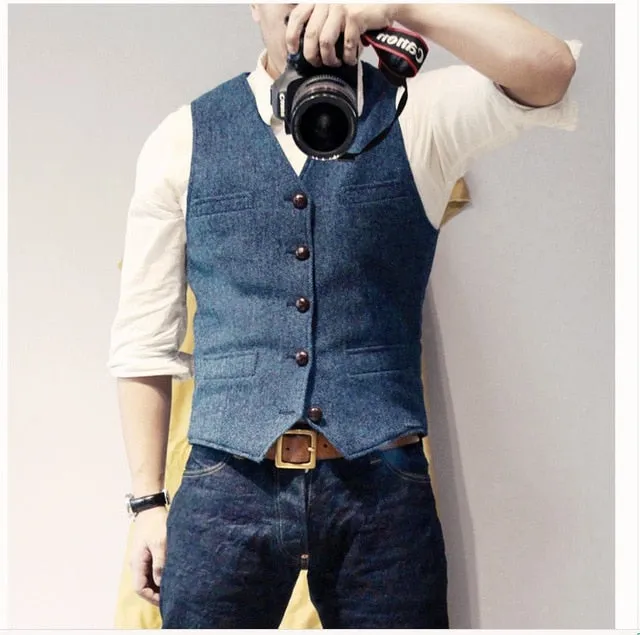 Riolio Men's Suit Vest Blue Single Breasted Woolen Blended Mens Vest Denim Jeans Waistcoat Jacket Slim Fit Casual Formal Business