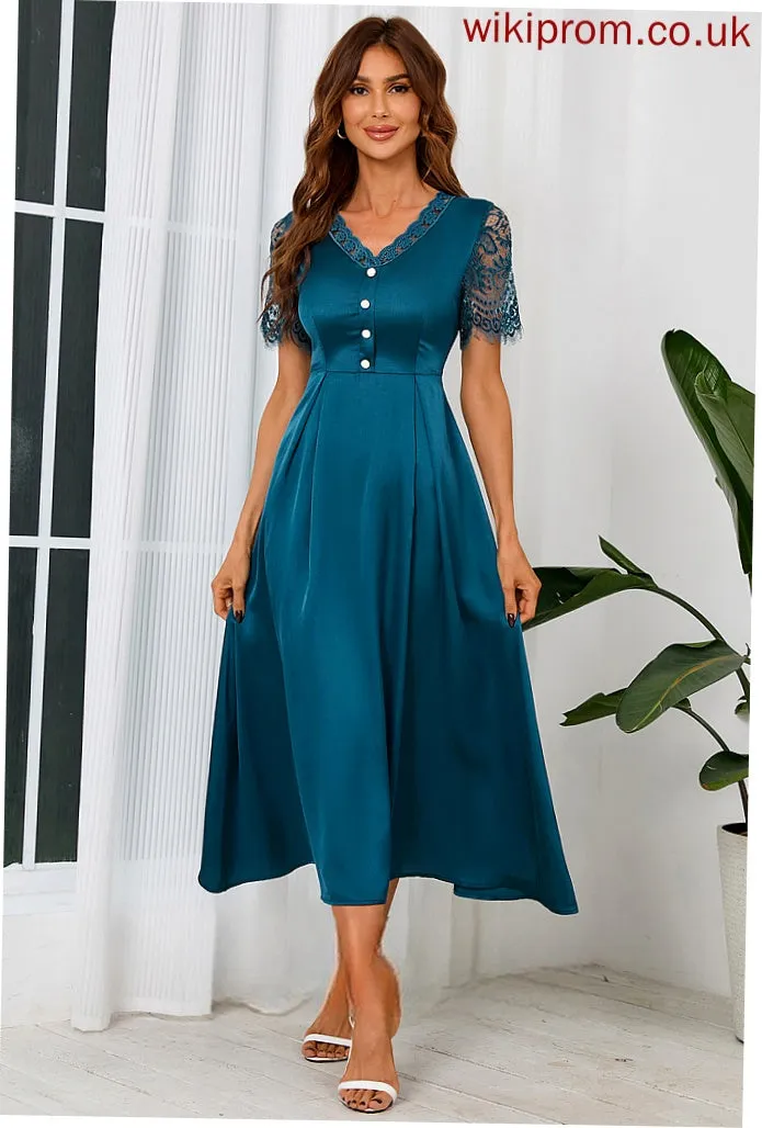 Satin Jaqueline Short Elegant Midi V-Neck Sleeves A-line Dresses Club Dresses