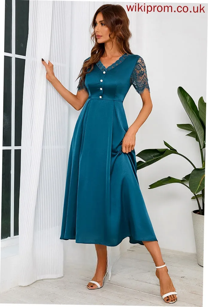 Satin Jaqueline Short Elegant Midi V-Neck Sleeves A-line Dresses Club Dresses