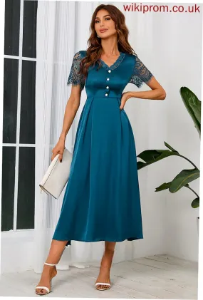 Satin Jaqueline Short Elegant Midi V-Neck Sleeves A-line Dresses Club Dresses