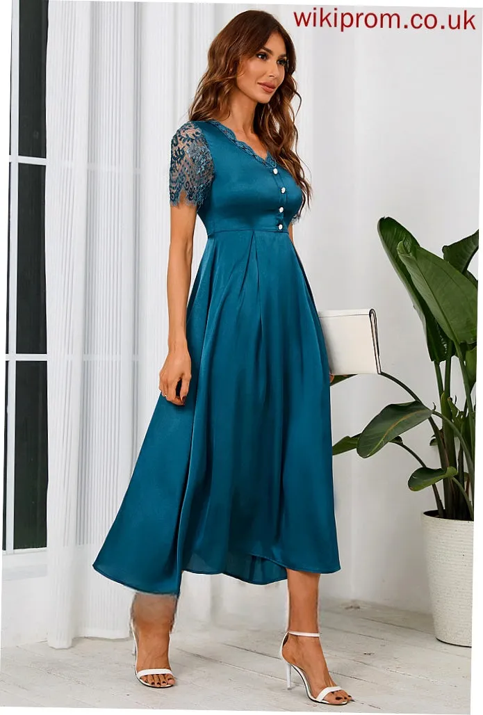 Satin Jaqueline Short Elegant Midi V-Neck Sleeves A-line Dresses Club Dresses